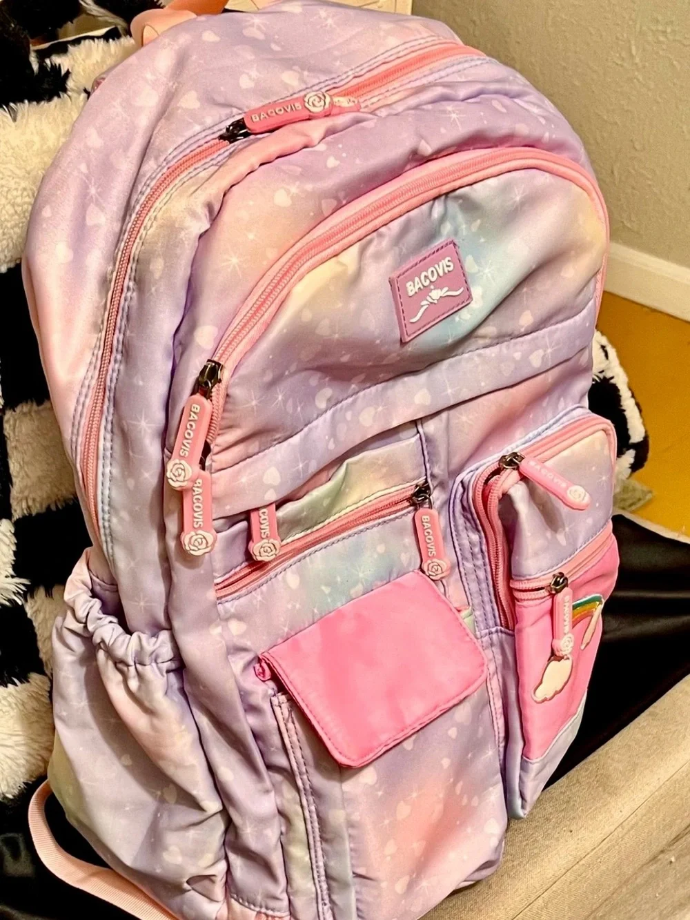 Backpack W/ keychain coin purse and snack box. Rainbow pastel kids bookbag